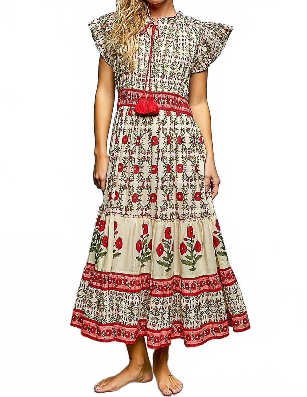 NEW POL lightweight floral ruffle sleeve tassel tie maxi dress in multicolor